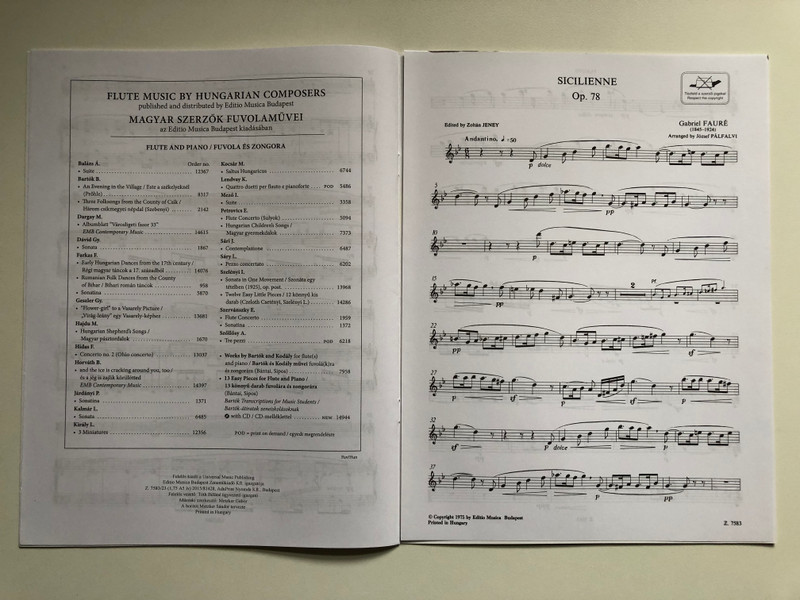 Fauré, Gabriel: Sicilienne for flute and piano / Op. 78 / Transcribed by Pálfalvi József / Revised by Jeney Zoltán id. / Editio Musica Budapest Zeneműkiadó / 1975 / Átírta Pálfalvi József / A szólamot átnézte Jeney Zoltán id. (9790080075838)