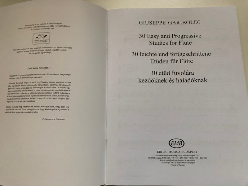 Gariboldi, Giuseppe: 30 Easy and Progressive Studies for flute / Editio Musica Budapest Zeneműkiadó / 1977 / Gariboldi, Giuseppe: 30 etűd fuvolára kezdőknek és haladóknak (9790080080078)