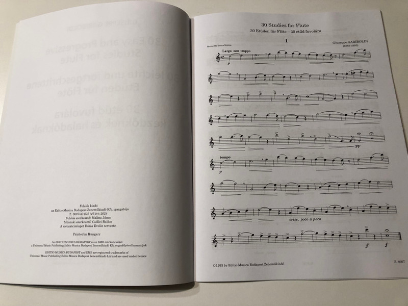 Gariboldi, Giuseppe 30 Easy and Progressive Studies for flute  Editio Musica Budapest Zeneműkiadó  1977  Gariboldi, Giuseppe 30 etűd fuvolára kezdőknek és haladóknak (9790080080078) 