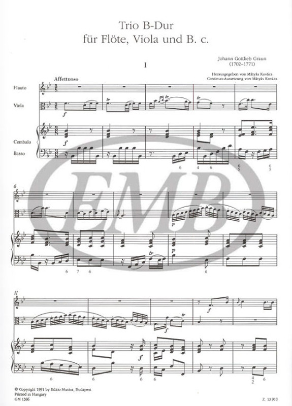 Graun, Karl Heinrich: Trio B-Dur für Flöte, Viola und Basso Continuo / score and parts / Edited by Kovács Mátyás / Editio Musica Budapest Zeneműkiadó / 1991 / Szerkesztette Kovács Mátyás