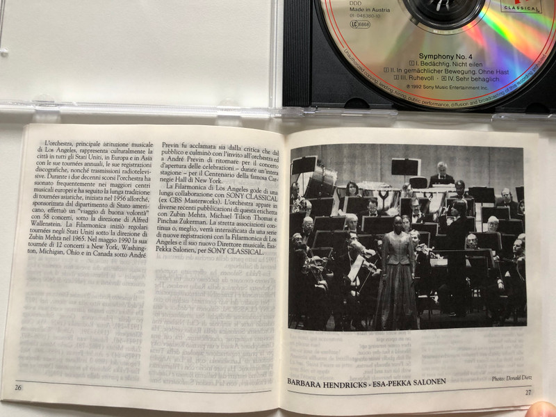 Mahler - Symphony No. 4 / Barbara Hendricks, Los Angeles Philharmonic, Esa-Pekka Salonen / Sony Classical Audio CD 1992 / SK 48 380