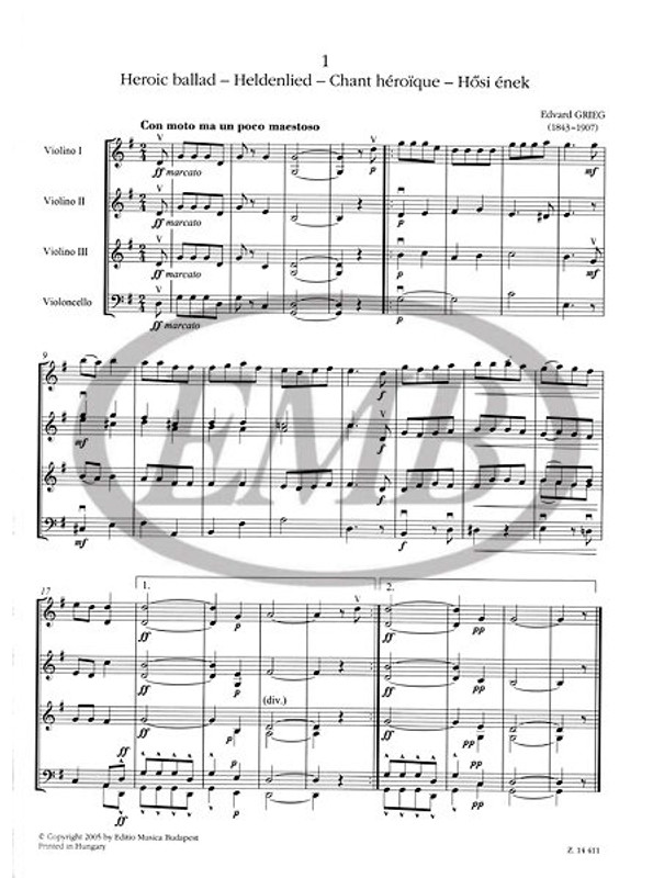 Grieg, Edvard: Fourteen easy pieces for children's string orchestra (first position) / score and parts / Selected and revised by Zempléni László / Editio Musica Budapest Zeneműkiadó / 2005 / Válogatta és átdolgozta Zempléni László