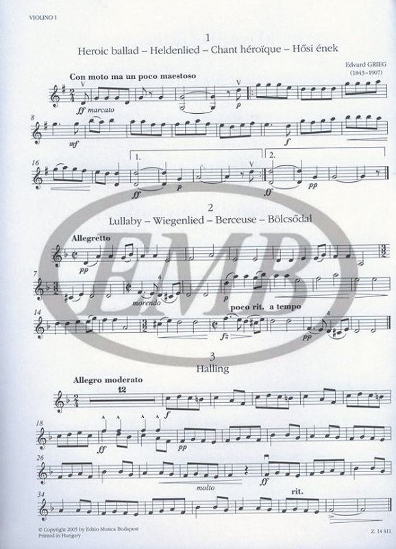 Grieg, Edvard: Fourteen easy pieces for children's string orchestra (first position) / score and parts / Selected and revised by Zempléni László / Editio Musica Budapest Zeneműkiadó / 2005 / Válogatta és átdolgozta Zempléni László