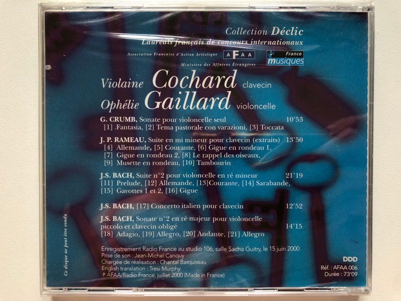 Violaine Cochard (clavecin), Ophelie Gaillard (violoncelle) - G. Crumb: Sonate pour violoncelle seul; J.P. Rameau: Suite en mi mineur pour clavecin (extraits); J. S. Bach: Suite no.2 pour violoncelle en re mineur / AFAA Audio CD 2000 / AFAA 006
