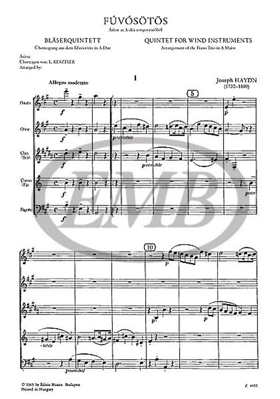 Haydn, Franz Joseph: Quintet for wind instruments / Arrangement of the Piano Trio in A Major (Hob. XV: 18) score and parts / Transcribed by Kesztler Lőrinc / Editio Musica Budapest Zeneműkiadó / 1965 / Átírta Kesztler Lőrinc