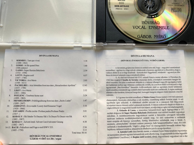 Divina et Humana / Hovirag Vocal Ensemble, Gabor Nyiro - artistic director,organ / Preludio Audio CD 1995 / PRECD 9501