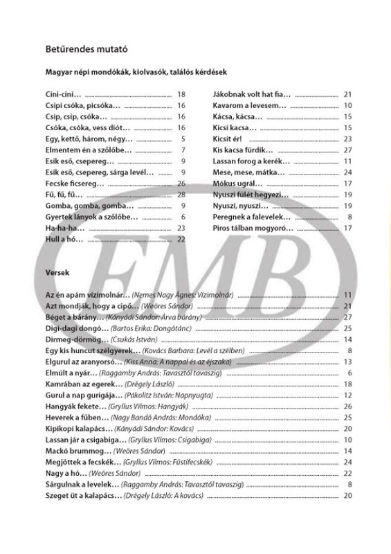 Horváth Istvánné Smid Anna: Csicsergő / Mondókák, versek, dalok óvodásoknak / Editio Musica Budapest Zeneműkiadó / 2009 