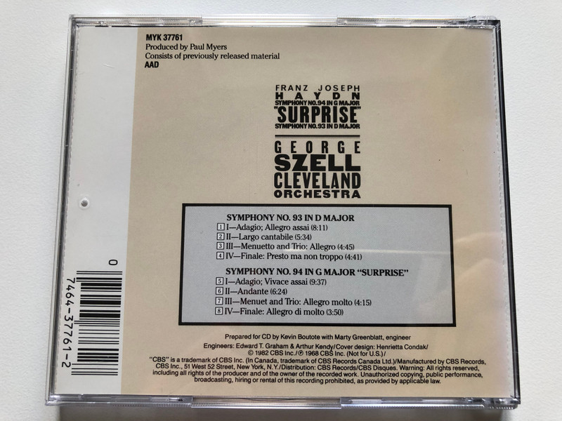 Haydn-Symphonies Nos. 93 & 94-szell / CBS Inc. Audio CD 1982