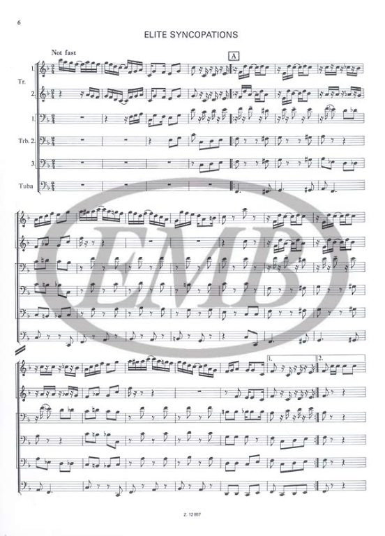 Joplin, Scott: 5 Ragtimes / for brass ensemble / score and parts / Edited by Regős István / Editio Musica Budapest Zeneműkiadó / 1984 / Szerkesztette Regős István