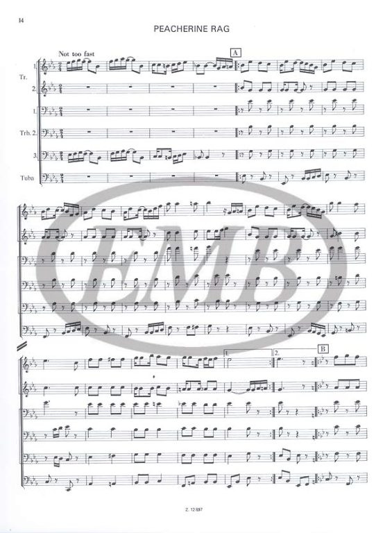 Joplin, Scott: 5 Ragtimes / for brass ensemble / score and parts / Edited by Regős István / Editio Musica Budapest Zeneműkiadó / 1984 / Szerkesztette Regős István