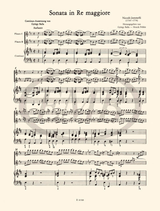 Jommelli, Niccolo: 3 Sonate per 2 flauti (o oboi o violini) e basso continuo / Edited by Balla György, Prőhle Henrik / Editio Musica Budapest Zeneműkiadó / 1983 / Közreadta Balla György, Prőhle Henrik