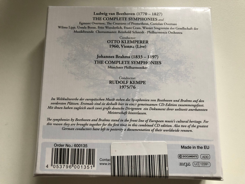Beethoven & Brahms - Complete Symphonies - Klemperer - Kempre / Philharmonia Orchestra, Münchner Philharmoniker, Wilma Lipp, Ursula Boese, Fritz Wunderlich, Franz Crass and others / Documents 10x Audio CD, Box Set / 600135