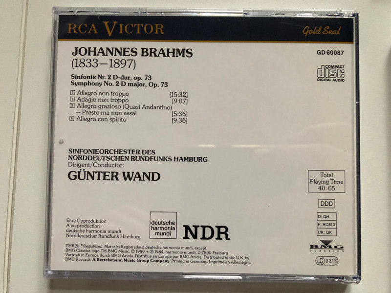 Günter Wand, Brahms, Sinfonieorchester Des Norddeutschen Rundfunks – Symphonies Nos. 1-4  RCA Victor Gold Seal Audio CD 1989 