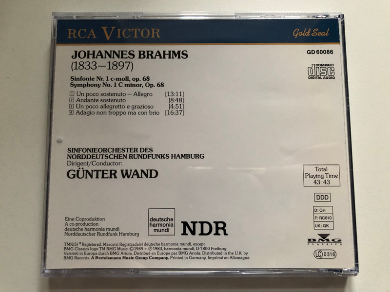 Günter Wand, Brahms, Sinfonieorchester Des Norddeutschen Rundfunks – Symphonies Nos. 1-4  RCA Victor Gold Seal Audio CD 1989 