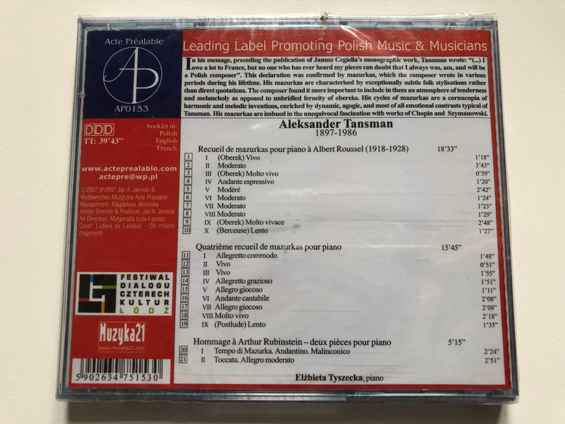 Aleksander Tansman Mazurkas vol. I & IV Hommage a Arthue Rubinstein  Muzyka21 Audio CD 2007