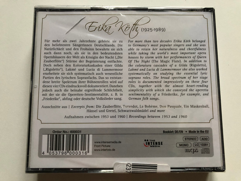 Erika Köth – Geliebt und Unvergessen = Beloved and Unforgotten / The Intense Media 4x Audio CD, Stereo, Mono / 600031