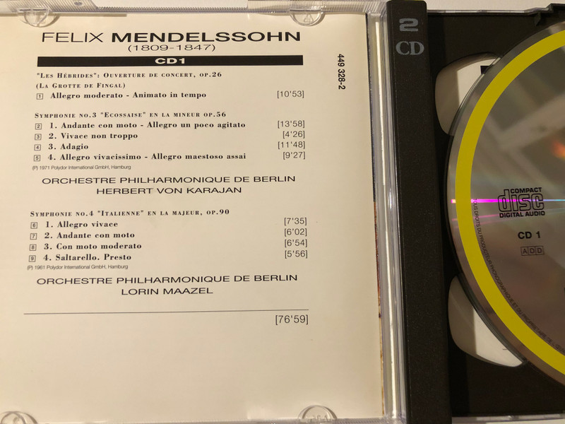 Mendelssohn - Symphonies Nos. 3 "Écossaise", 4 "Italienne" & 5 "Réformation" Songe D'Une Nuit D'Été - Ouvertures / F. Fricsay, H. Von Karajan, F. Leitner, L. Maazel / Deutsche Grammophon 2x Audio CD 1995 Mono, Stereo / 449 328-2