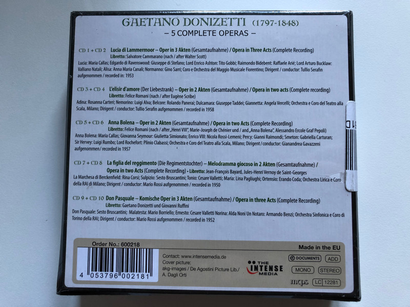 Donizetti - 5 Complete Operas / Lucia Di Lammermoor, Anna Bolena, Don Pasquale, L'elisir D'amore, La Figlia Del Reggimento / Maria Callas, Giuseppe di Stefano, Cesare Valletti, Alda Noni / Documents 10x Audio CD, Box Set / 600218