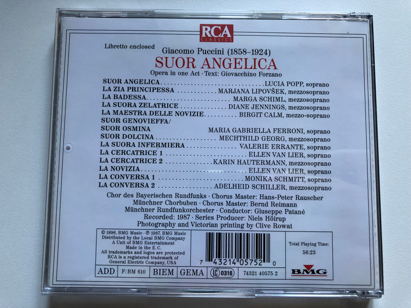 Suor Angelica - Puccini / Popp, Lipovšek, Schiml, Jennings, Chor Des Bayerischen Rundfunks, Münchner Rundfunkorchester, Giuseppe Patané / RCA Classics Audio CD 1996 / 74321 40575 2