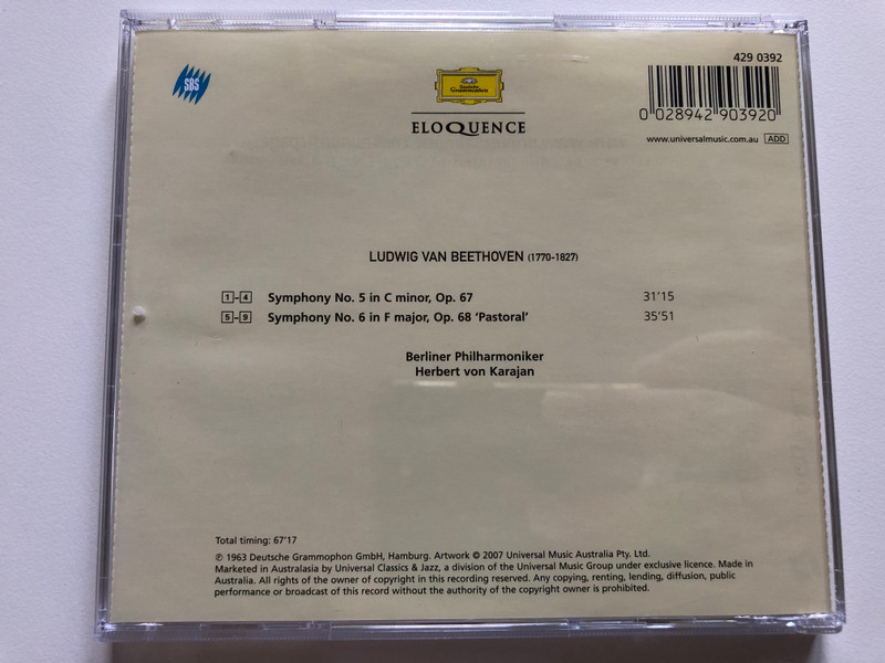 Beethoven - Symphony No. 5, Symphony No. 6 'Pastoral' / Berliner Philharmoniker, Herbert von Karajan / Eloquence / Deutsche Grammophon Audio CD 2007 / 429 0392