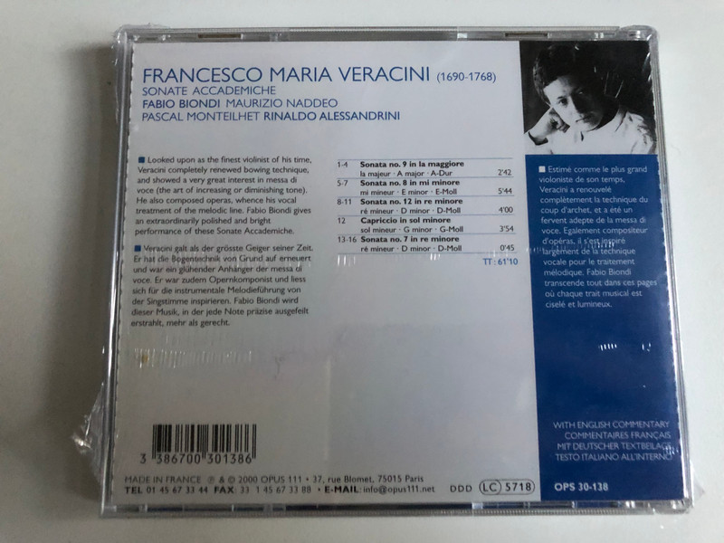 Veracini - Sonate Accademiche / Fabio Biondi, Maurizio Naddeo, Pascal Monteilhet, Rinaldo Alessandrini / Opus 111 Audio CD 2000 / OPS 30-138