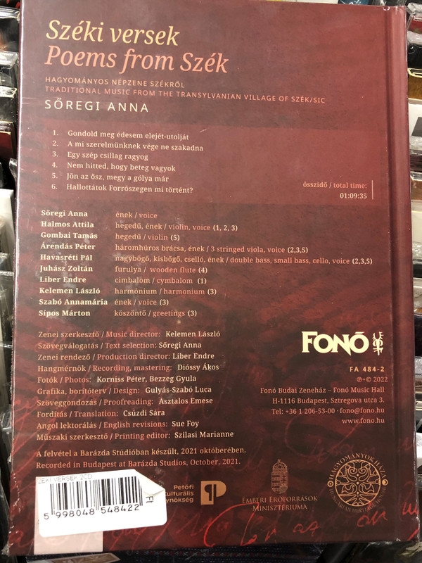 Széki versek - Poems from Szék by Sőregi Anna / Hagyományos népzene Székről - Traditional Music from the Transylvanian Village of Szék/Sic / Fonó Audio CD Fa 484-2 (5998048548422)