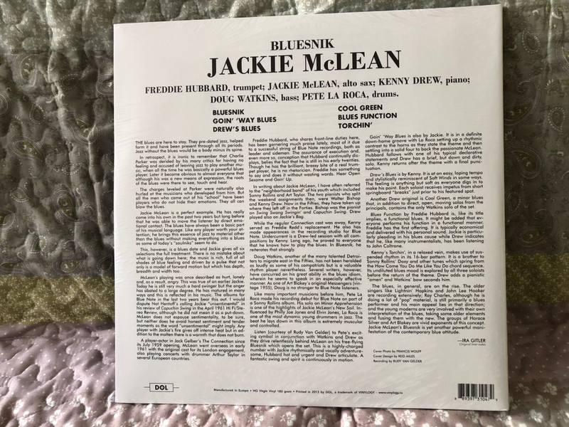 Jackie McLean – Bluesnik / Freddie Hubbard, Kenny Drew, Doug Watkins and Pete La Roca / Deluxe Gatefold Edition, 180 gram, HG Virgin Vinyl / DOL LP 2013 / DOL1047HG