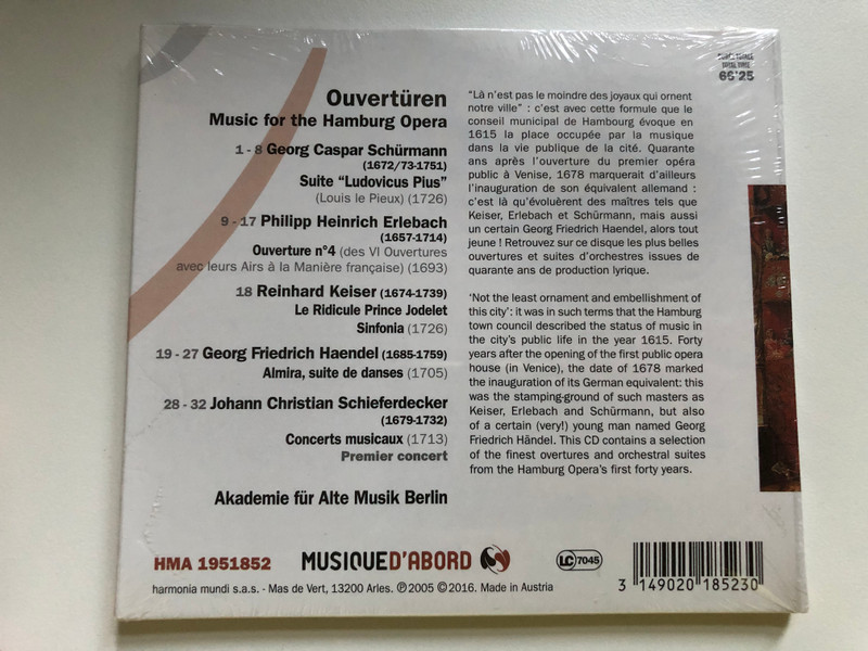 Ouvertüren - Music For The Hamburg Opera / Akademie Für Alte Musik Berlin / Musique D'Abord / Harmonia Mundi s.a. Audio CD 2016 / HMA1951852