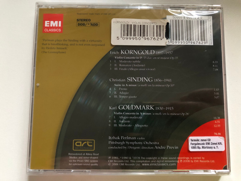 Korngold & Goldmark - Violin Concertos; Sinding - Suite In A Minor / Itzhak Perlman, André Previn, Pittsburgh Symphony Orchestra / Great Recordings Of The Century / EMI Classics Audio CD 2008 Stereo / 5099950967629