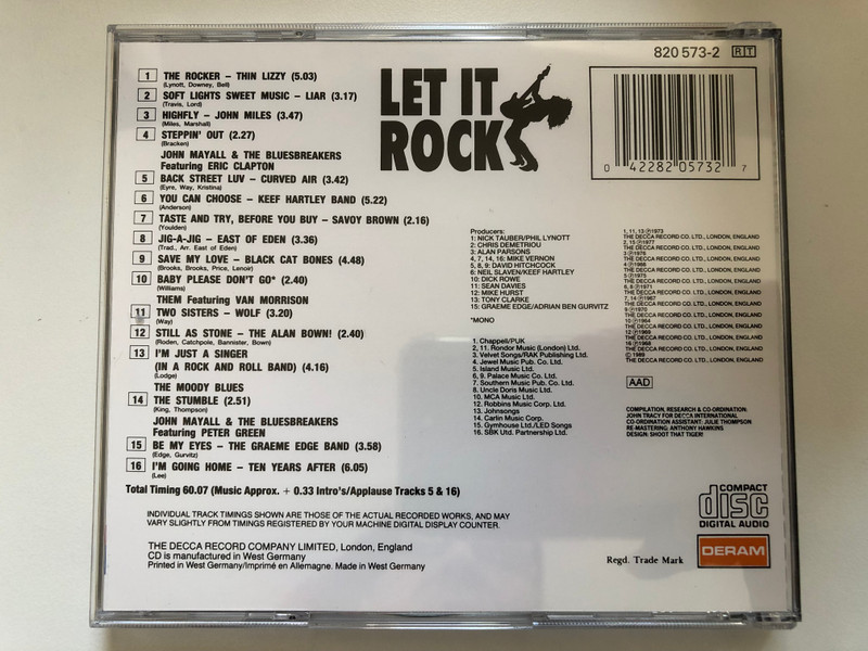 Let It Rock / 16 Great Rock Tracks Featuring... Thin Lizzy, The Graeme Edge Band, Ten Years After, Black Cat Bones, John Mayall And The Bluesbreakers Featuring Eric Clapton, Curved Air East Of Eden, John Miles / Deram Audio CD / 820 573-2