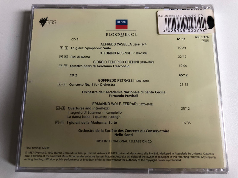 Italian Orchestral Music - Repighi: Pini Di Roma, Casella: La giara: Symphonic Suite, Petrassi: Concerto No. 1 for Orchestra, Wolf-Ferrari: I gioielli della Madonna: Suite, Overtures and Intermezzi / Decca 2x Audio CD 2013 / 480 5374
