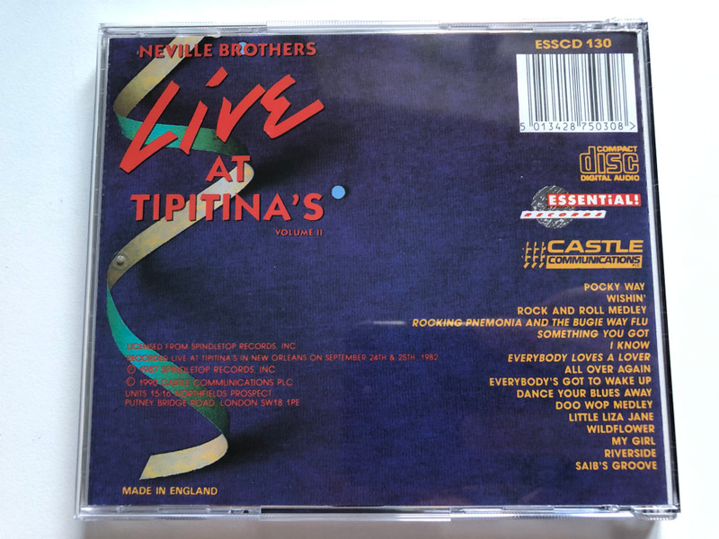 Neville Brothers - Live At Tipitina's - Volume II / Castle Communications Audio CD 1990 Stereo / ESSCD 130