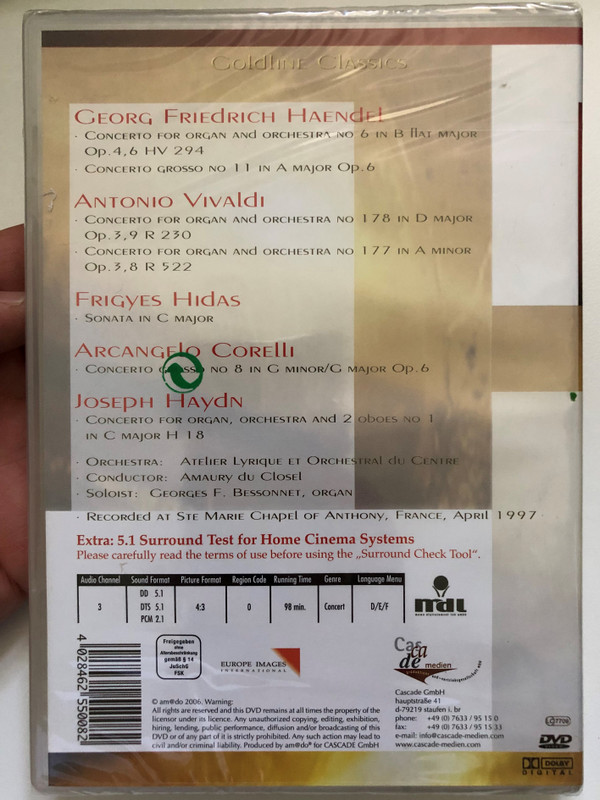 Goldline Classics - Haendel, Vivaldi, Corelli, Hidas, Haydn / Atelier Lyrique et Orchestral du Centre, Amaury du Closel, Georges F. Bessonnet (organ) / Cascade Medien DVD Video 2006 / 55008