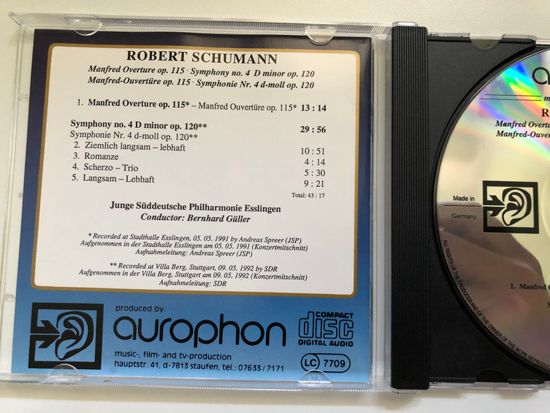 Robert Schumann - Manfred Overture Op. 115; Symphony No. 4 D Minor Op. 120 / Junge Süddeutsche Philharmonie Esslingen, Conductor: Bernhard Güller / Aurophon Classics / Aurophon Audio CD 1992 / AU 34024 CD
