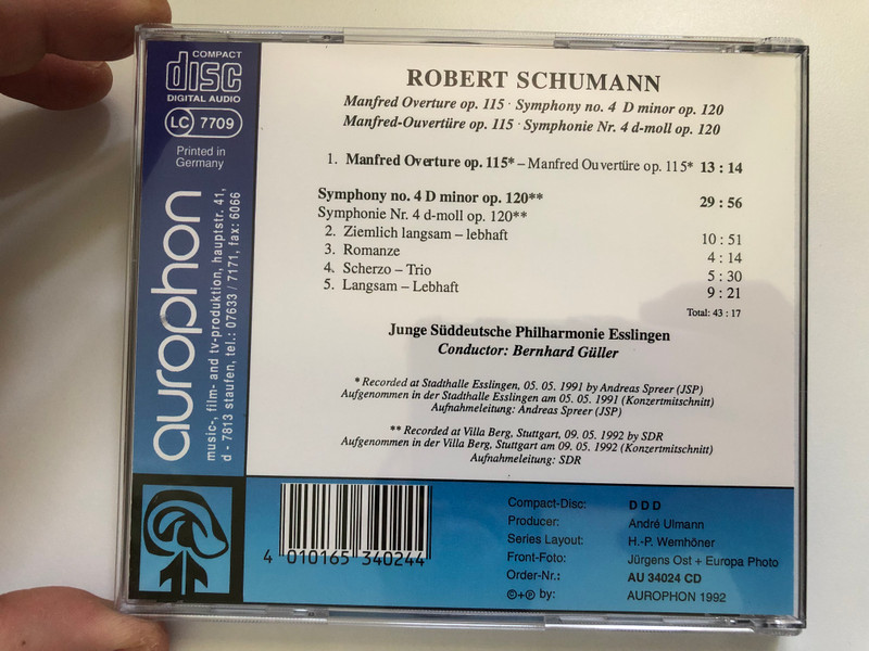 Robert Schumann - Manfred Overture Op. 115; Symphony No. 4 D Minor Op. 120 / Junge Süddeutsche Philharmonie Esslingen, Conductor: Bernhard Güller / Aurophon Classics / Aurophon Audio CD 1992 / AU 34024 CD