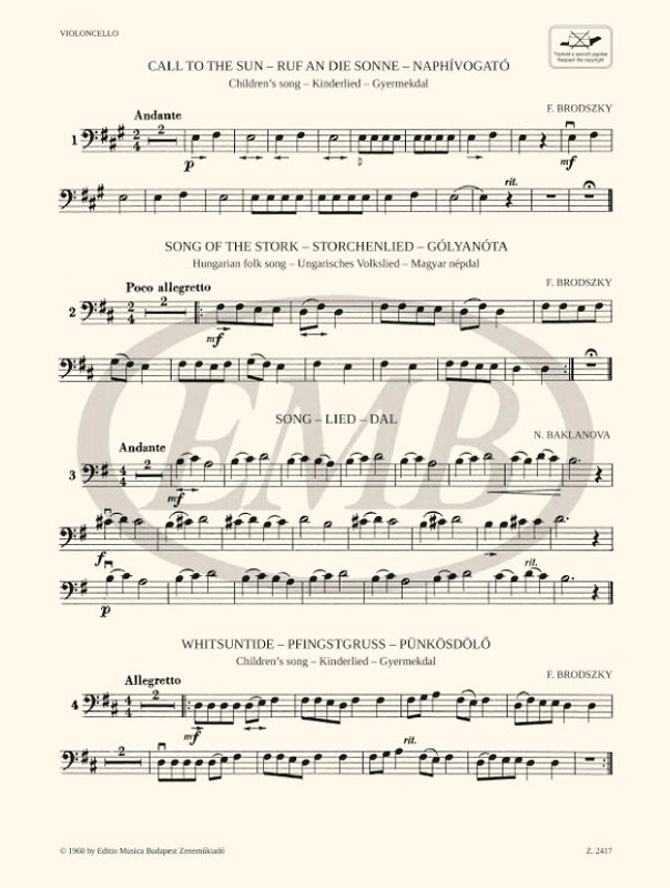 PERFORMANCE PIECES FOR VIOLONCELLO WITH PIANO ACCOMPANIMENT 1 / Compiled by Csáth Emőke Vasváry Zoltánné / Editio Musica Budapest Zeneműkiadó / 1960 / ELŐADÁSI DARABOK GORDONKÁRA ZONGORAKÍSÉRETTEL 1 / Összeállította Csáth Emőke Vasváry Zoltánné 