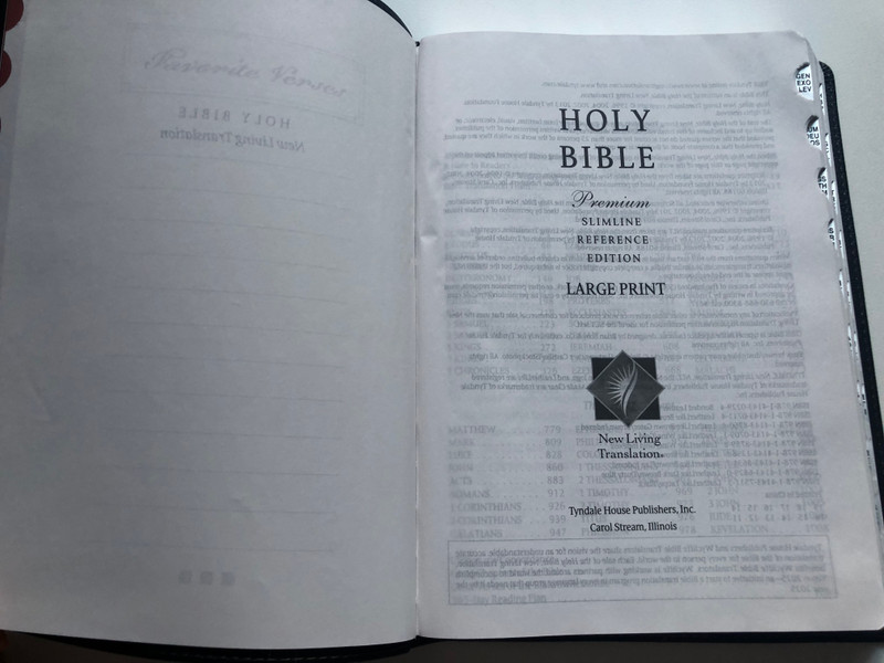 Large Print NLT Bible - Premium slimline reference / Black/Onyx Leatherlike with thumb index and silver edges / Personal Size Bible / New Living Translation / Tyndale House Publishers 2013 / Red letter editon (9781414397634)