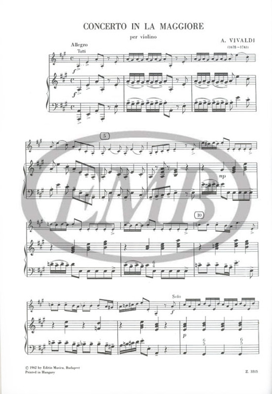 Vivaldi, Antonio: Concerto in la maggiore . per violino e pianoforte RV 345 / piano score / Transcribed by Országh Tivadar, Nagy Olivér / Editio Musica Budapest Zeneműkiadó / 1962 / Átírta Országh Tivadar, Nagy Olivér