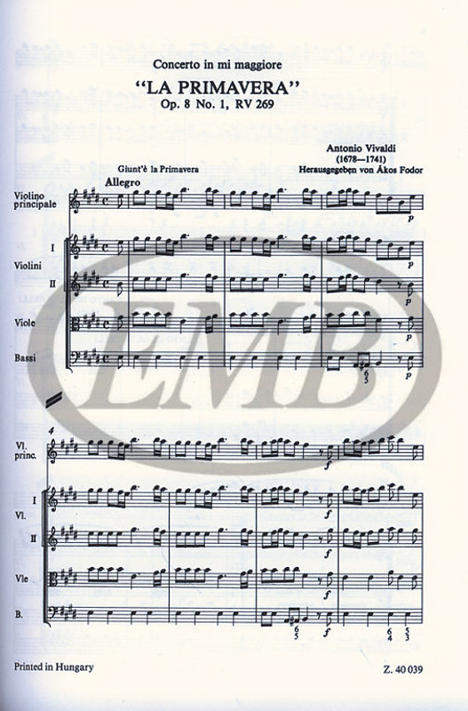 Vivaldi, Antonio: Le quattro stagioni 4 concerti per violino, archi e organo (o cembalo) / pocket score / Edited by Fodor Ákos / Editio Musica Budapest Zeneműkiadó / 1983 / Közreadta Fodor Ákos