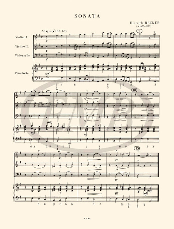 DANCES AND TRIO SONATAS FROM THE 17TH CENTURY 2 / for two violins and violoncello with continuo / score and parts / Edited by Sándor Frigyes / Continuo arranged by Nagy Olivér / Editio Musica Budapest Zeneműkiadó / 1965 / Közreadta Sándor Frigyes / A continuót kidolgozta Nagy Olivér 