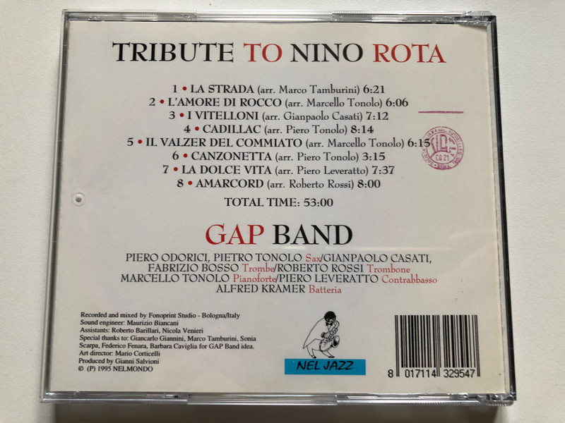Tribute To Nino Rota - Gap Band / Piero Odorici, Pietro Tonolo (Sax), Gianpaolo Casati, Fabrizio Bosso (Trombe), Roberto Rossi (Trombone), Marcello Tonolo (Pianoforte) / Nel Jazz Audio CD 1995 / NLJ 954-2