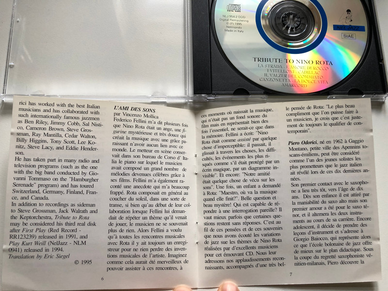 Tribute To Nino Rota - Gap Band / Piero Odorici, Pietro Tonolo (Sax), Gianpaolo Casati, Fabrizio Bosso (Trombe), Roberto Rossi (Trombone), Marcello Tonolo (Pianoforte) / Nel Jazz Audio CD 1995 / NLJ 954-2