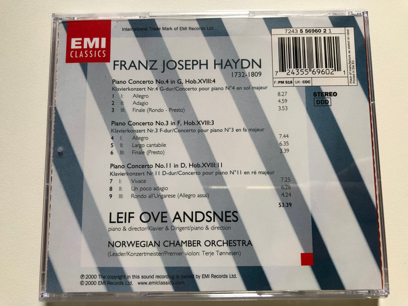 Leif Ove Andsnes - Haydn: Piano Concertos Nos. 3, 4 & 11 - Norwegian Chamber Orchestra / EMI Classics Audio CD 2000 Stereo / 724355696021