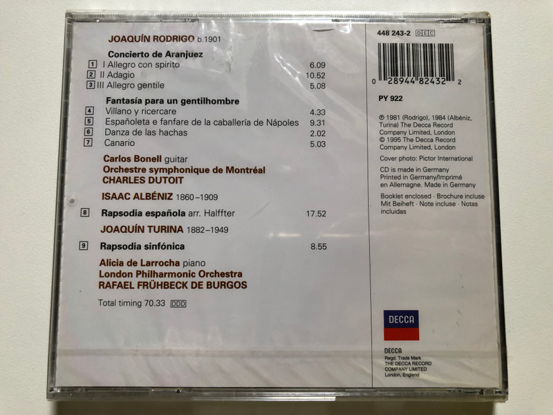 Rodrigo - Concierto De Aranjuez; Fantasía Para Un Gentilhombre / Albéniz: Rapsodia Española, Turina: Rapsodia Sinfónica, Carlos Bonell, Alicia De Larrocha / 70 Mins+ / Decca Eclipse / Decca Audio CD 1995 / 448 243-2