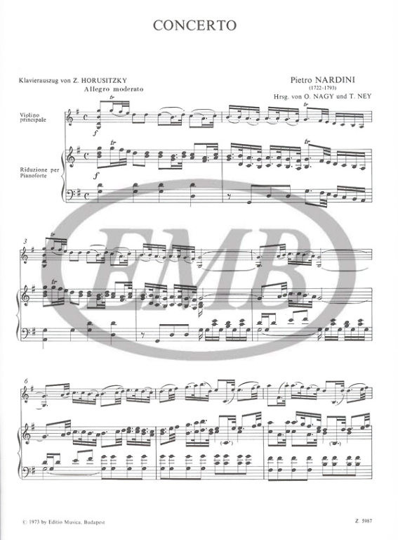 Nardini, Pietro: Concerto in sol maggiore / per violino principale, archi e cembalo / piano score / Edited by Horusitzky Zoltán, Nagy Olivér, Ney Tibor