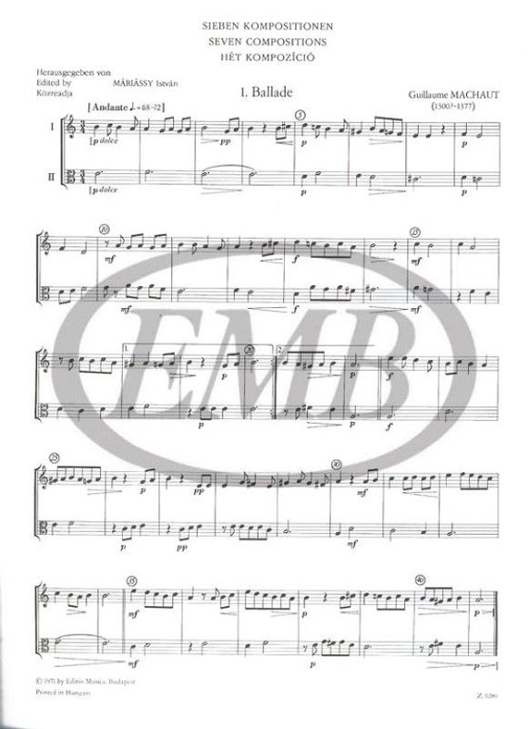 Machaut, Guillaume de: Seven Compositions / for two- and three-part ensembles / score and parts / Edited by Máriássy István / Editio Musica Budapest Zeneműkiadó / 1971 / Szerkesztette Máriássy István 