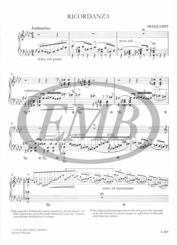 Liszt Ferenc: Ricordanza / (Études d'exécution transcendante, Nr. 9) / Edited by Szelényi István, Gárdonyi Zoltán / Editio Musica Budapest Zeneműkiadó / 1971 / Közreadta Szelényi István, Gárdonyi Zoltán