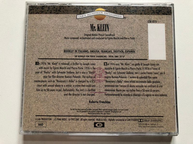 Mr. Klein - Directed by Joseph Losey, Music Composed by Egisto Macchi/Pierre Porte / Cam's Soundtrack Encyclopedia / CAM Audio CD 1992 / CSE 015
