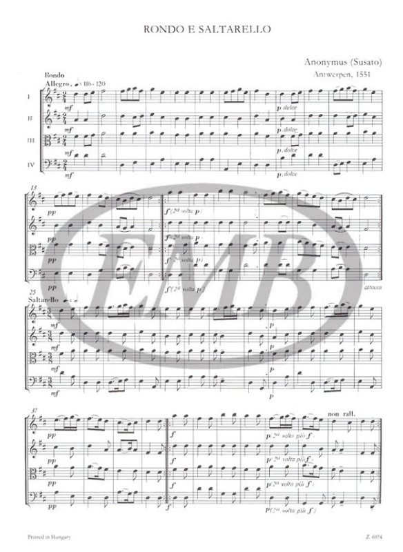 RENAISSANCE WORKS for four instruments / ad lib. for winds, strings or mixed ensemble / score and parts / Edited by Máriássy István / Editio Musica Budapest Zeneműkiadó / 1975 / Szerkesztette Máriássy István 