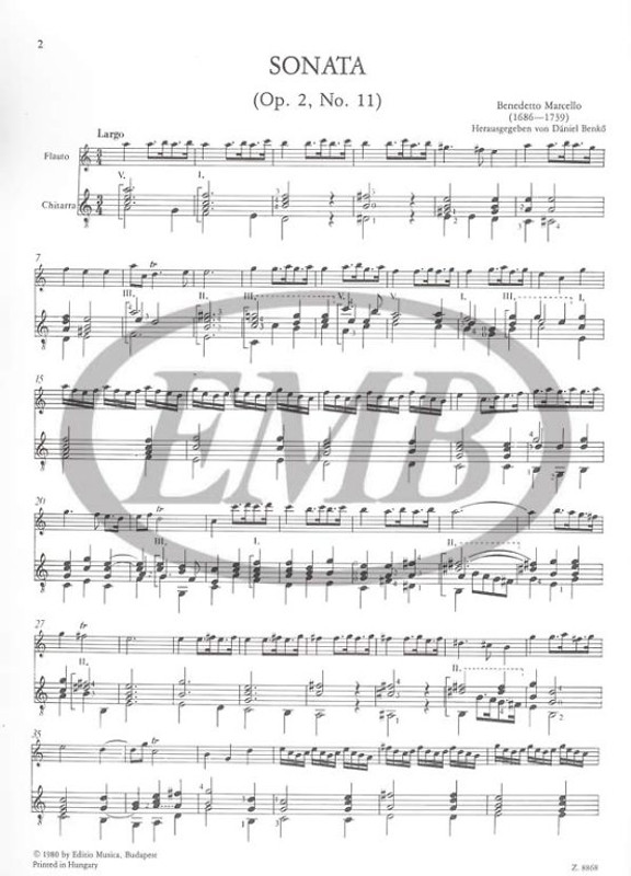 Marcello, Benedetto: Sonata in la minore / per flauto e chitarra / Edited by Benkő Dániel / Editio Musica Budapest Zeneműkiadó / 1980 / Közreadta Benkő Dániel 